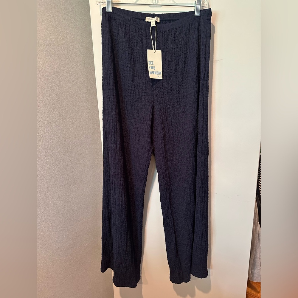 See You Monday Navy Crinkle Gauze Wide Leg Lounge Pants Elastic Waist Size XL